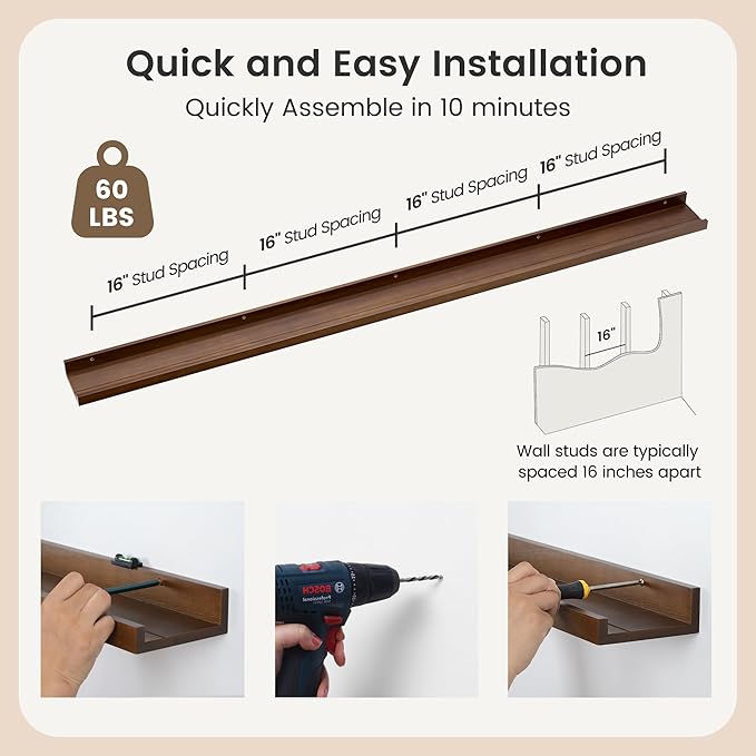 Picture Ledge Shelf, Floating Shelves Set of 2, Solid Pine Wood 72'' Long Large Nursery Book Shelves for Toys Storage, Kids Bookshelf for Living Room Bedroom Decor Books Photo Frames, Walnut