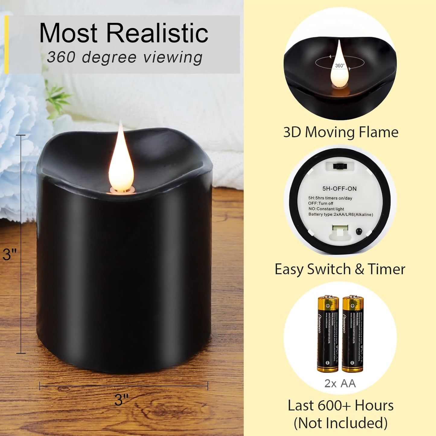 Black Flameless LED Candles, Halloween Candles Battery Operated with Remote Timer, 3D Moving Flame Flickering Last 600+ Hours, 3" x 3" Real Wax Electric Candle for Gothic Home Decor