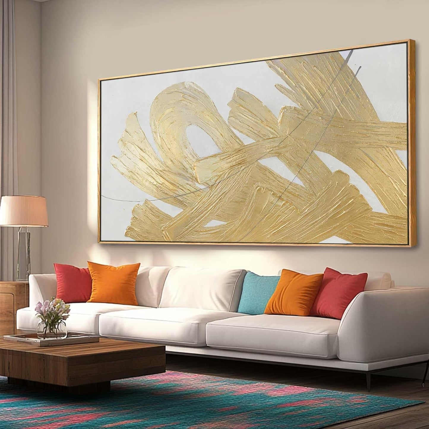 XIANSHOU White and Gold Wall Painting Neutral Wall Decor Modern Abstract Wall Art Minimalist Art 29"x58" Artwork for Living Room Kitchen Dining Room