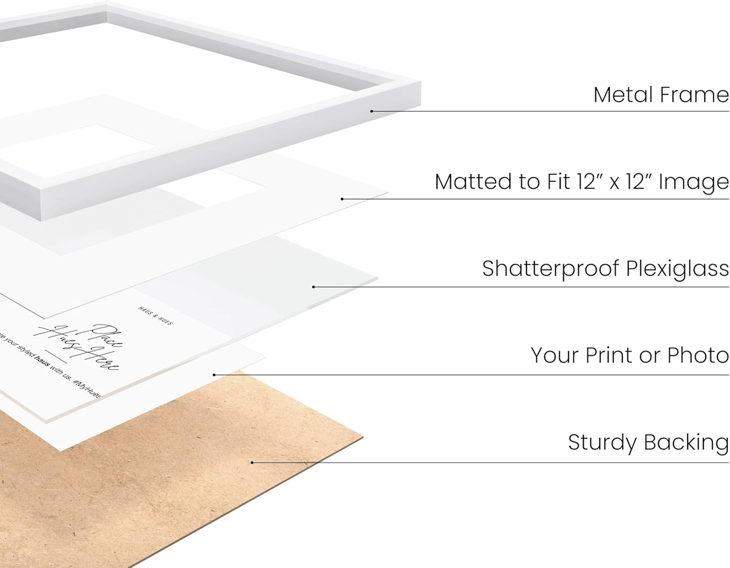 HAUS AND HUES 16x16 White Metal Picture Frames Matted to 12x12 - Features Premium Aluminum & Hanging Hardware, Shatterproof Plexiglass - Ideal for Home, Room, Office (16x16 in, White, Set of 25)