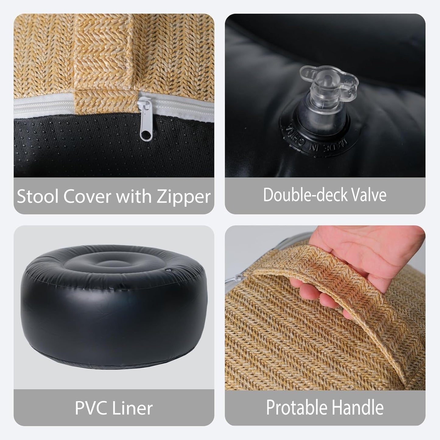 Outdoor Inflatable Ottoman with Air Pump, Fade-Resistant Patio Footrest Stool D21”x H9”, Round Pouf Ottoman with Portable Handle Suitable for Garden, Camping, Bedroom, Living Room