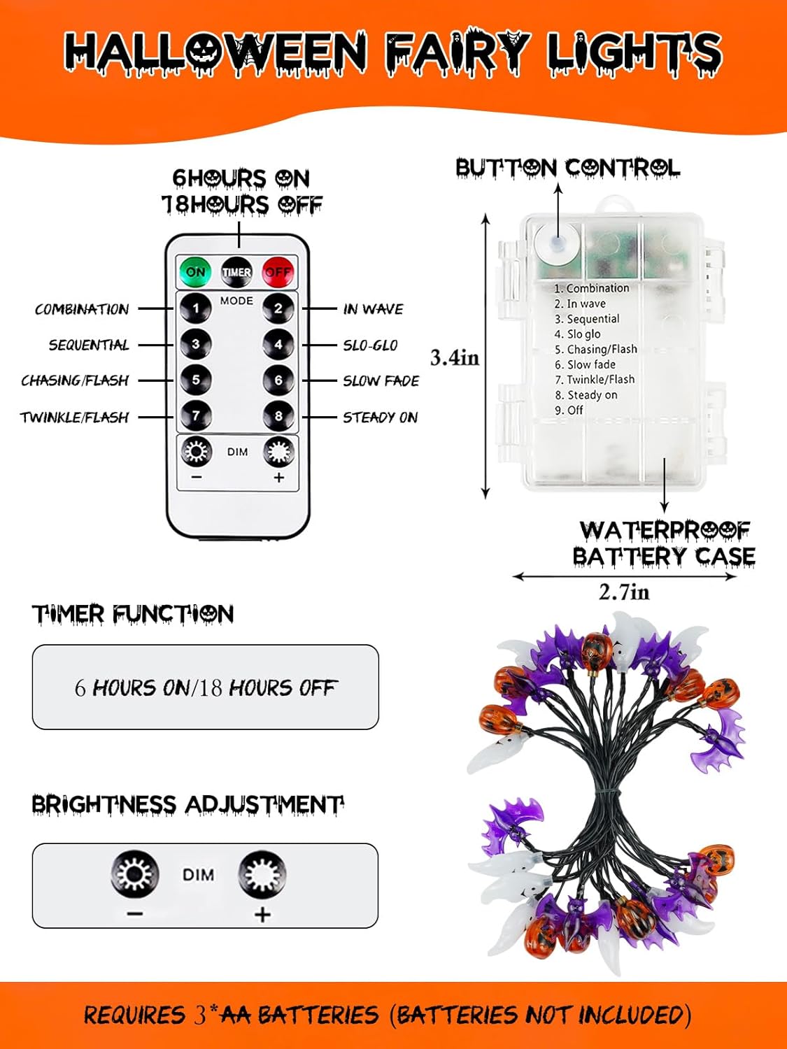 Halloween String Lights, 3D Pumpkin Bat Ghost Fairy Lights Battery Operated with Remote, 30LED Twinkle Light Waterproof 8 Modes & Timer for Halloween Parties Decorations Indoor Outdoor Windows Decor
