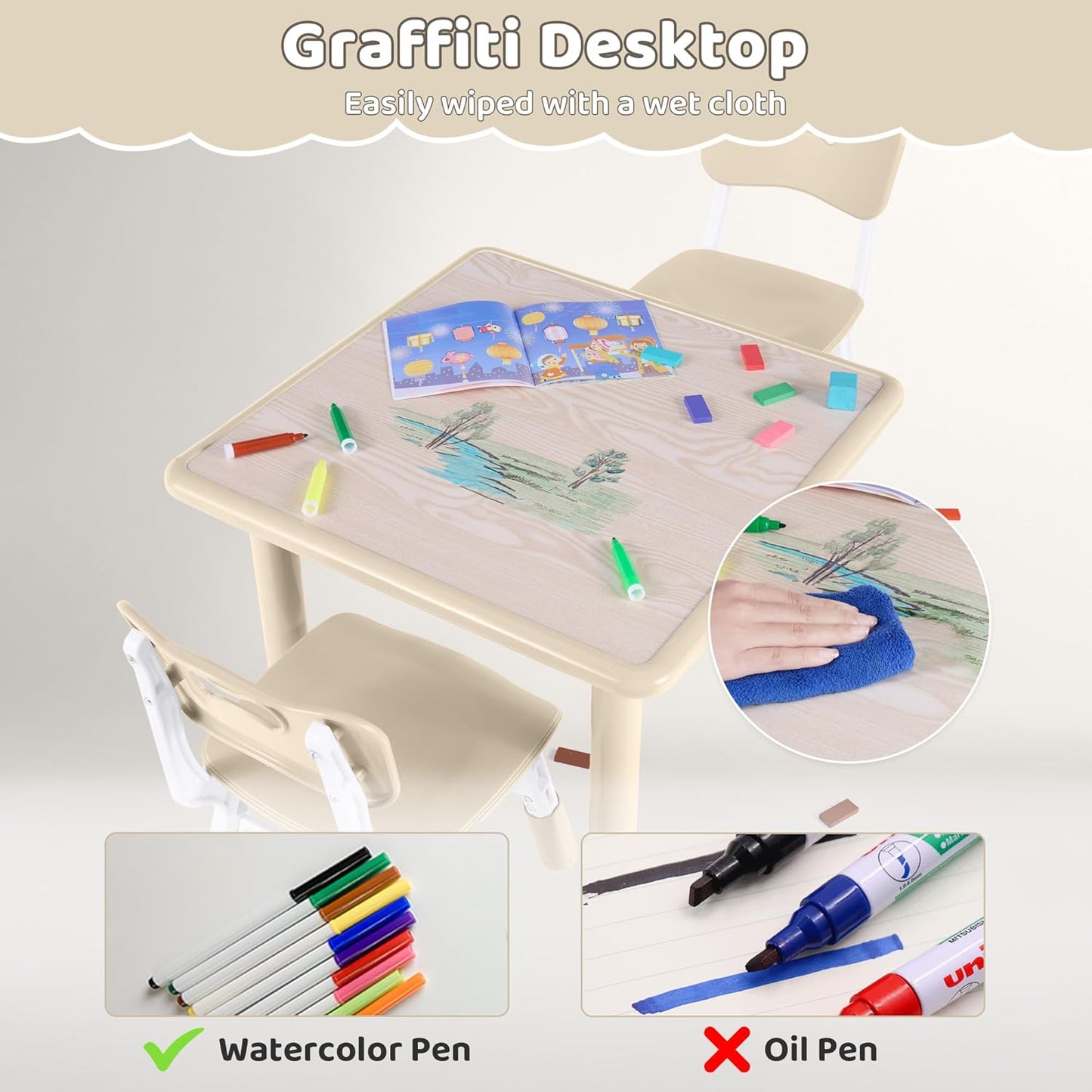 Kids Table and 2 Chairs Set, Height Adjustable (17.7"-26.1") Toddler Table and Chair Set, Multi-Activity Table with Graffiti Desktop, Children’s Table and Chairs for Classroom, Home & Daycare