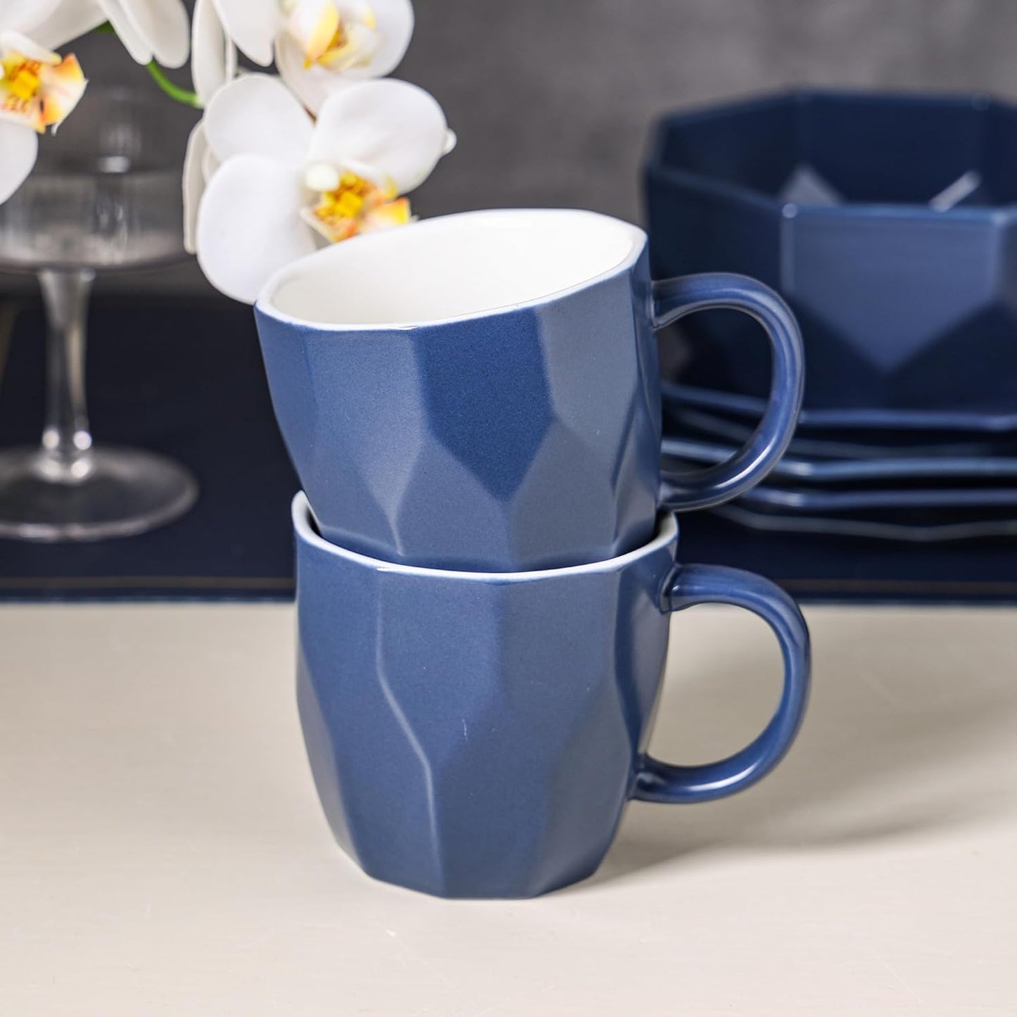Stone + Lain Jamie Porcelain 32-Piece Geometric Dinnerware Set, Blue