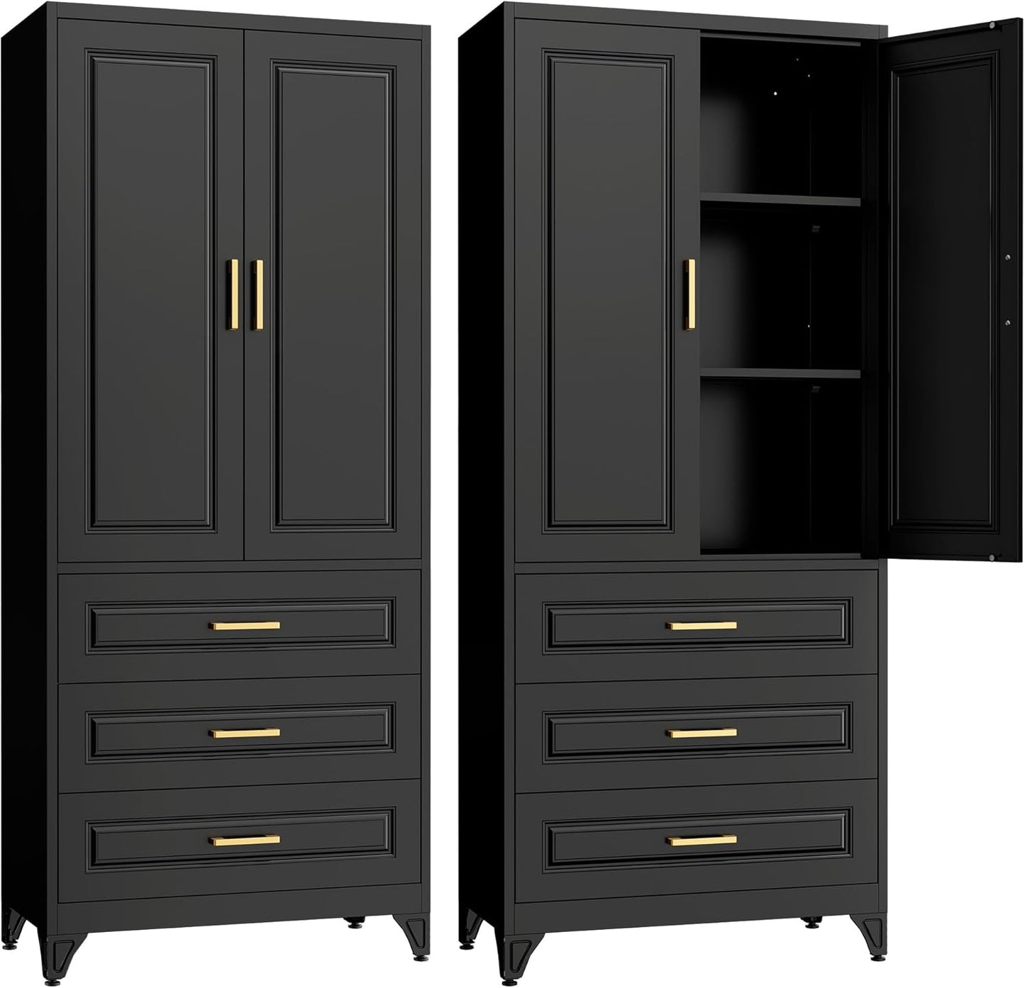 75" Kitchen Pantry Cabinet with 3 Drawers,Metal Storage Cabinets with Doors and 4 Adjustable Shelves,Black Kitchen Cabinet with 2 Gold Handles,Food Cupboard for Livingroom, Bathroom,Pantry