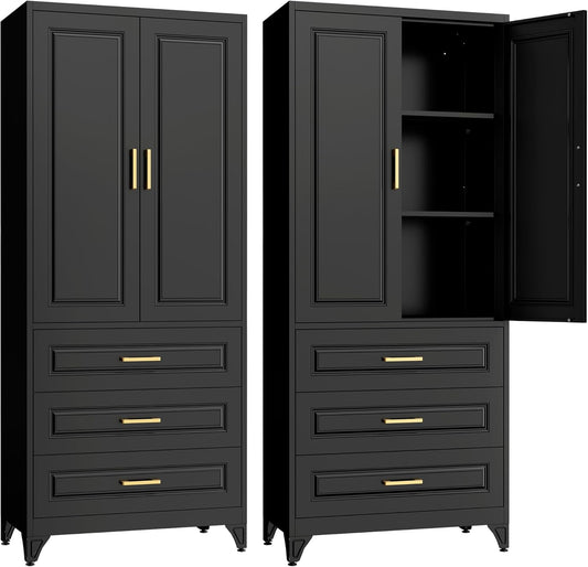 75" Kitchen Pantry Cabinet with 3 Drawers,Metal Storage Cabinets with Doors and 4 Adjustable Shelves,Black Kitchen Cabinet with 2 Gold Handles,Food Cupboard for Livingroom, Bathroom,Pantry