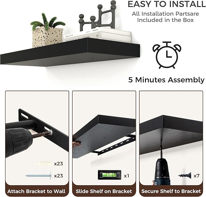 Floating Shelves - 2 Large Wall Mounted Shelves with Invisible Brackets, Long Wood Floating Wall Shelf for Living Room, Bedroom, Kitchen (Black, 48" W x 9" D x 1.5" H)