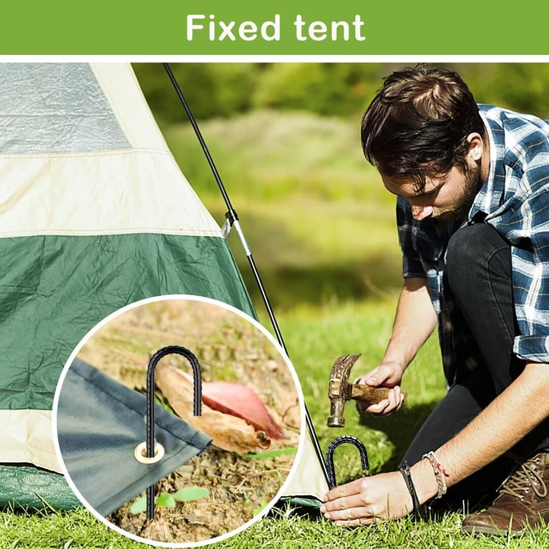 Rebar-Stakes-12-Inch, Ground Stakes Heavy Duty J-Hook Black Coated Anti-Rust Heavy Duty Ground Anchors for Garden Dog Fence Chicken Coop Christmas Decorations Deer Fence 4pcs