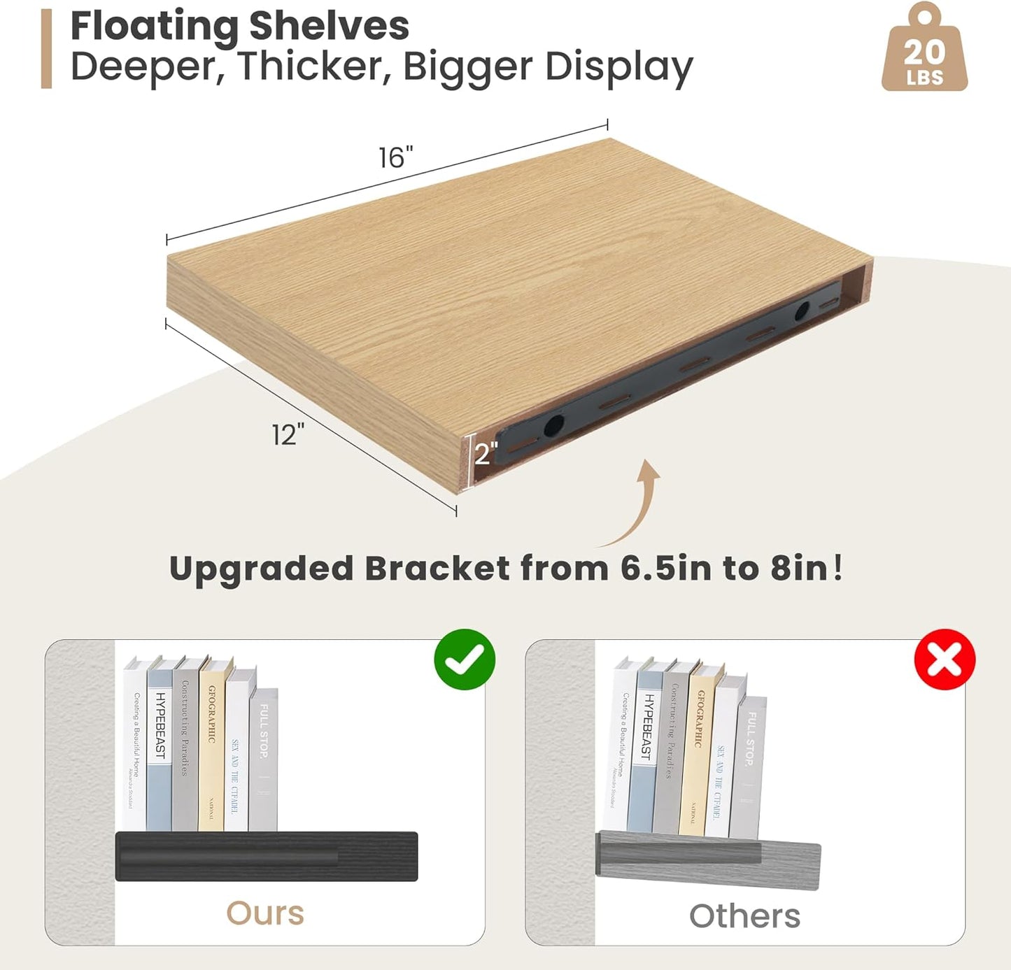 Heimlove 12 Inch Deep Floating Shelves, 16 x 12 inches Long Wall Shelf, Large Extra Display Shelf & Storage Shelf, Rustic Wood Wall Shelves for Fireplace Mantel, Oak - 2Pack