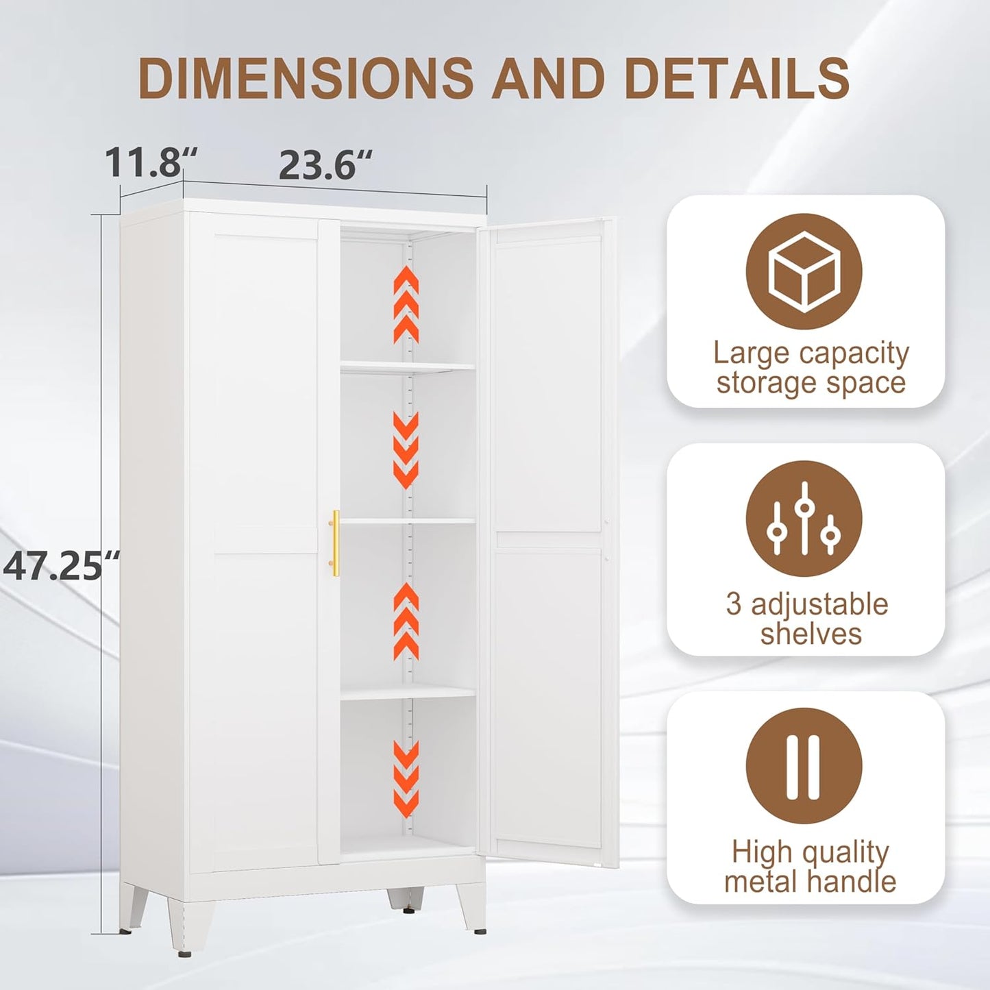 Metal Kitchen Pantry Storage Cabinet with 2 Doors and 3 Adjustable Shelves,Pantry Cabinet with Adjustable Leveling Foot for Kitchen, Living Room, Dining Room（White）