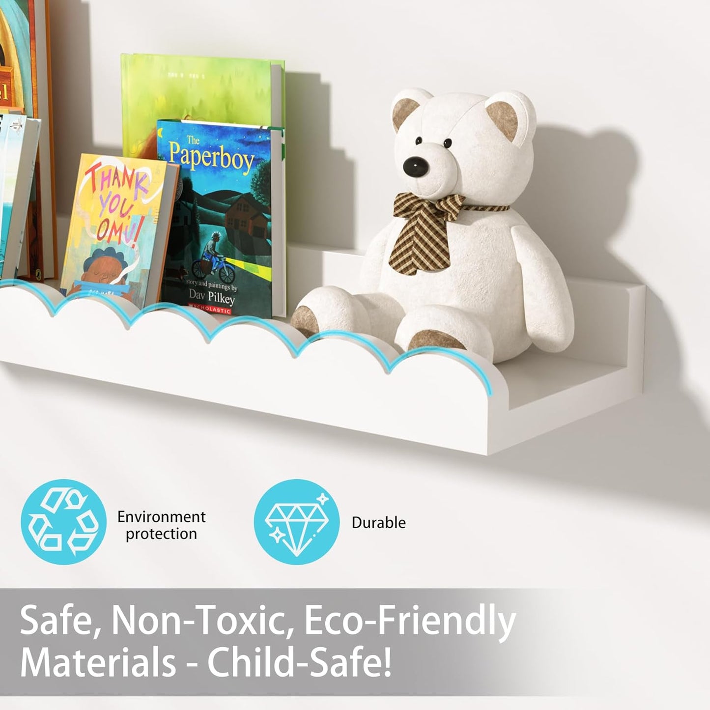 Nursery Book Shelves for Wall - Floating Kids Bookshelf for Bedroom, Nursery and Playroom - Wall Mounted, Space Saving, Easy to Install, Holds Multiple Books - Ideal for Children’s Room Storage