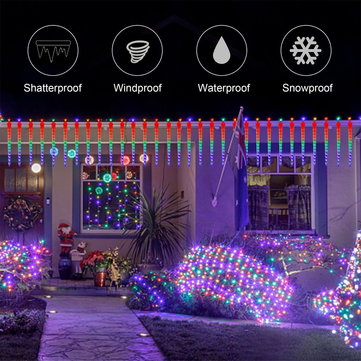 WATERGLIDE 16 Icicles Meteor Shower Lights, 12" Outdoor Christmas Icicle 384 SMD LED Crystal Ice Falling, Connectable Raindrop, Xmas Winter Party Tree Holiday Decor, Multicolor