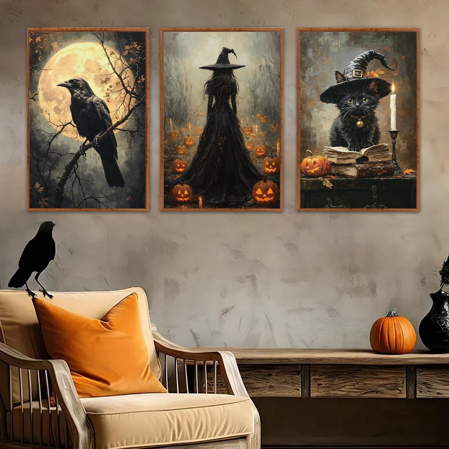 KAIRNE Framed Halloween Canvas Wall Art,Dark Witch Crow Prints,Black Cat Painting,Horror Gothic Pictures Set of 3 (16”X24”),Scary Halloween Wall Decor for Party Living Room Bedroom Office Decoration