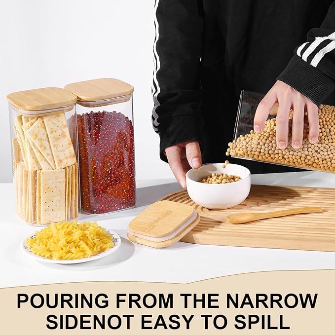 Glass Food Storage Jars with Lids(50oz)Square Set of 3 ,Glass Storage Containers Clear Glass Food Canister with Bamboo Lid Airtight For Serving Tea, Coffee Beans, Flour,Cookie, Cereal,Spice and More