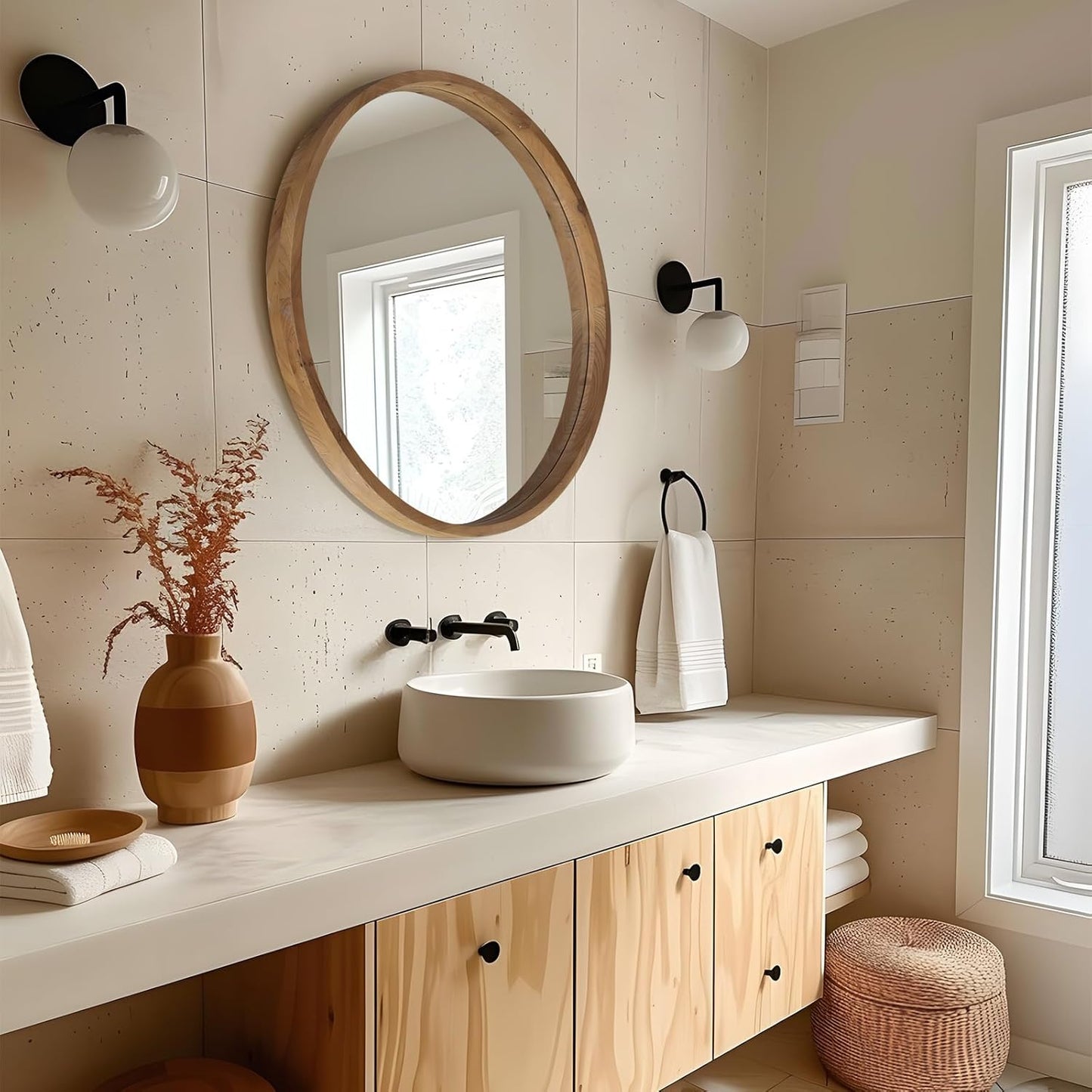 36" Bathroom Mirror, Round Wall Mirror with Wood Frame, Farmhouse Mirror for Wall Decor, Wall-Mounted Mirror for Bedroom, Living Room, Brown