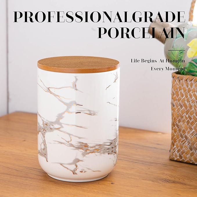 White Ceramic Canister Set with Wooden Lid, 3-Piece Food Storage Jars for Kitchen Counter, Storage Container for Sugar, Coffee, Tea, Spice