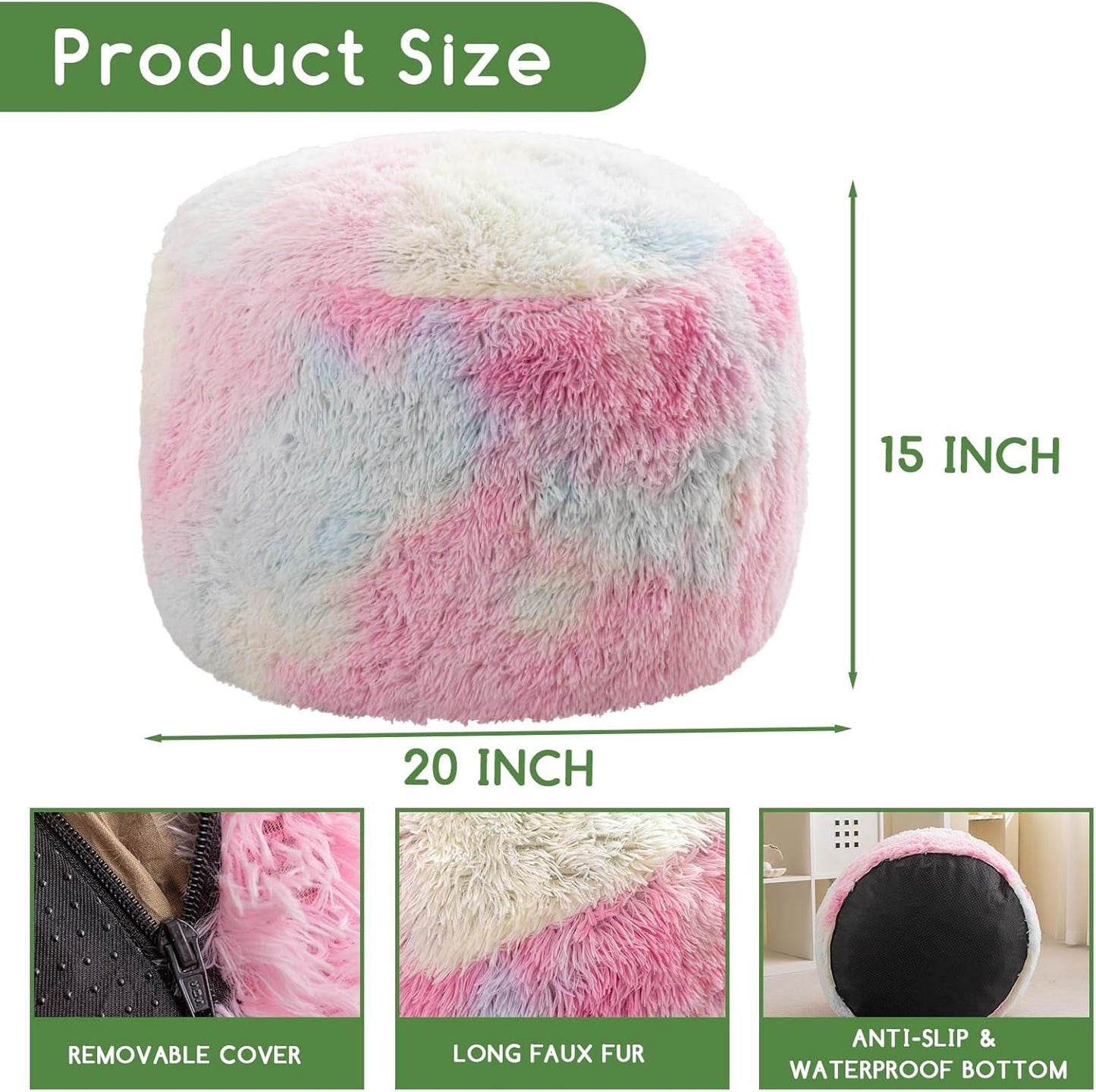 HIGOGOGO Round Stuffed Pouf Ottoman, Long Faux Fur Poufs with Foam Chunk Filling, Fluffy and Furry Pouf Foot Stool Storage Ottoman, 20 X 15 Floor Poufs Foot Rest for Living Room, Rainbow