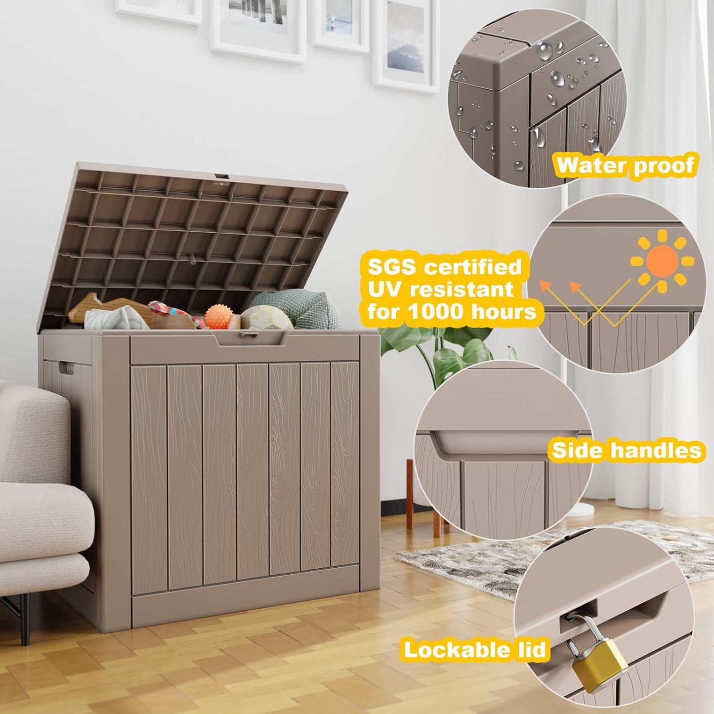 Vixzen 30 Gallon Resin Deck Box, Lockable Outdoor Storage Box for Patio Cushions Storage Furniture,Garden Tools, Pool Supplies, Weatherproof and UV Resistant- Grey