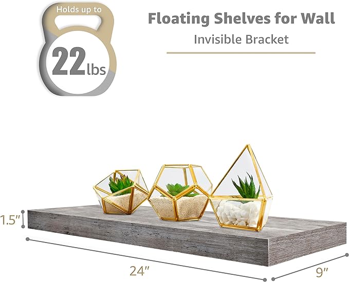 Sorbus Floating Shelves for Wall - 24" Bathroom Shelves, Wall Decor for Bedroom, Kitchen, Living Room, Home Decor & Book Storage - Mounted Floating Shelf with Invisible Brackets (Gray, 4 Pack)