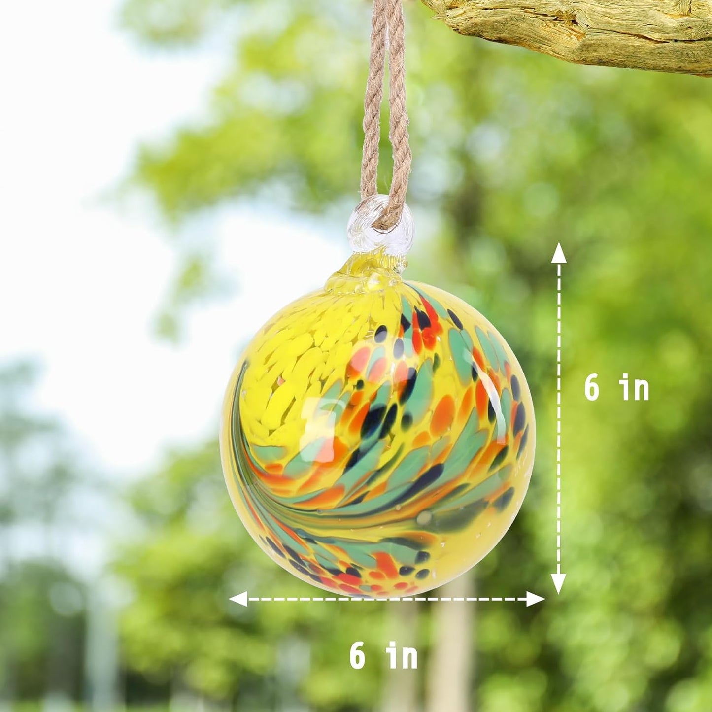 VCUTEKA Hanging Garden Gazing Ball, Hand-Blown Glass Witch Ball for Outdoor Garden Décor, 6" Yellow Swirl