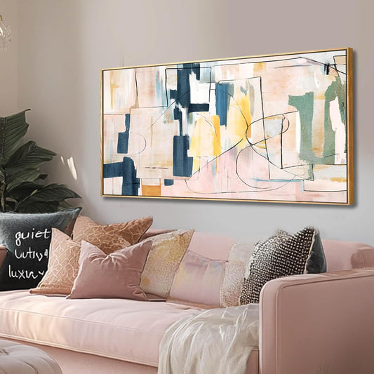 Large Abstract Canvas Wall Art Pink Painting Yellow Bedroom Decor Navy Art Photo Prints Minimalist Pictures Poster Artwork 20"x40"