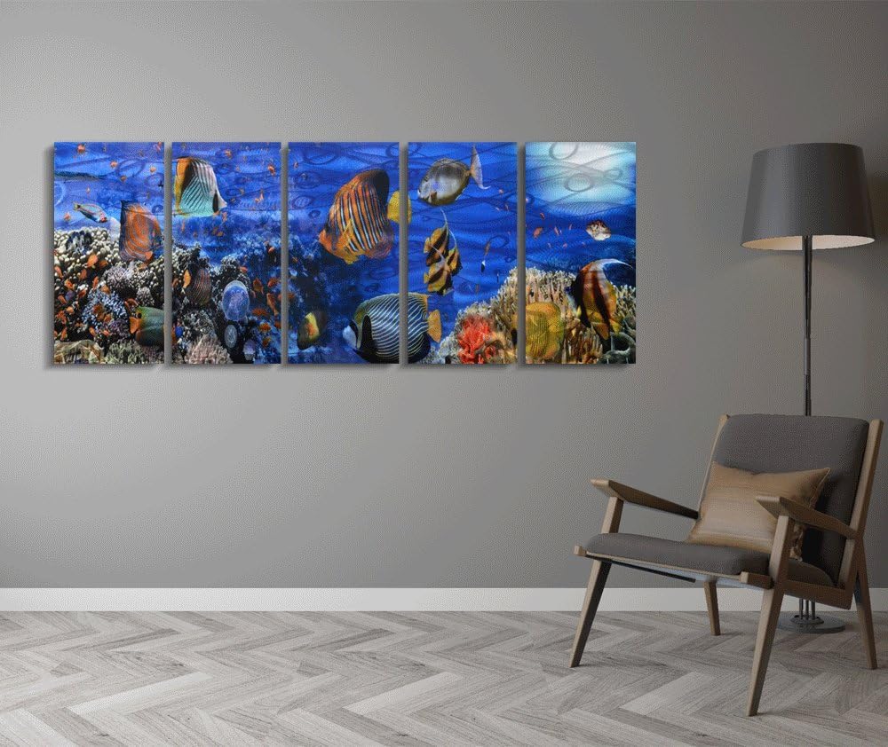 Yihui Arts Cosatal Metal Wall Art, Large Nautical Metal Wall Art in Modern Ocean Design, 3D Outdoor Pictures Wall Decor, 5 Panels, Metal School of Fish Art