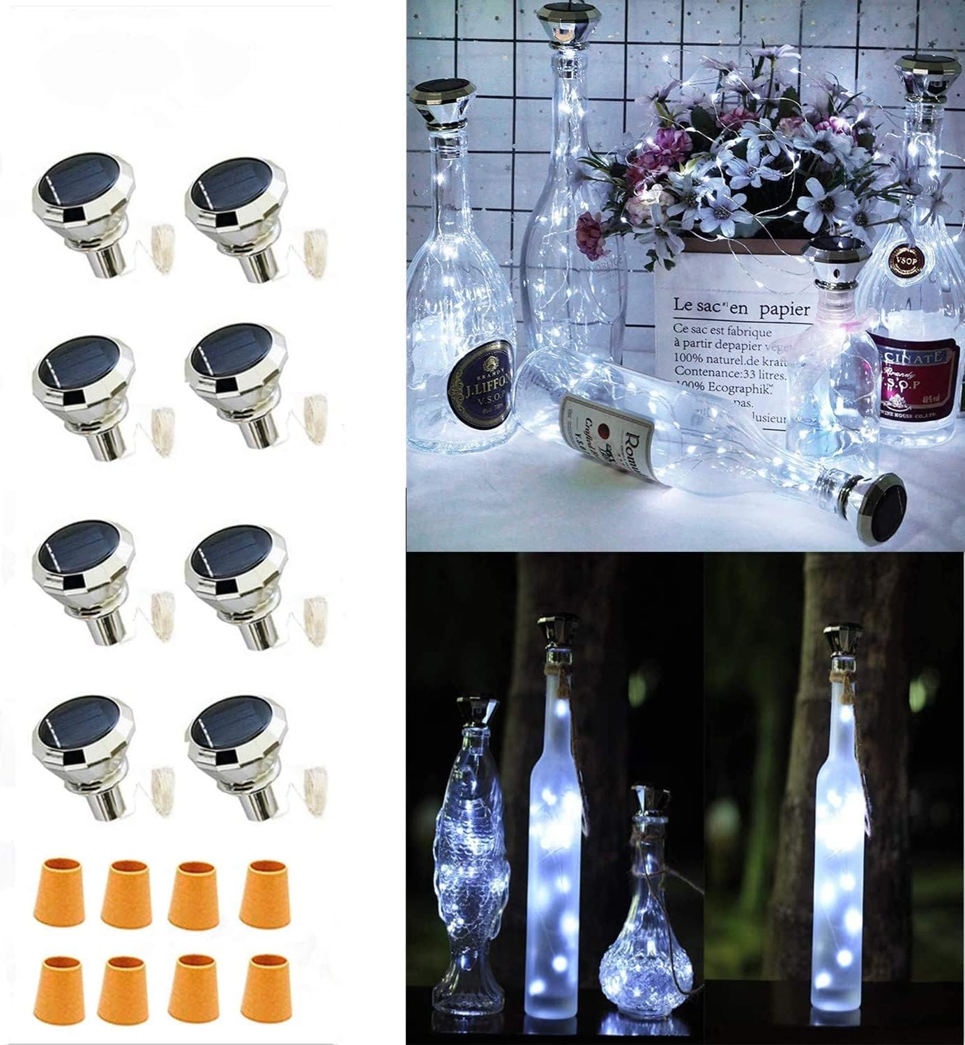 Solar Cork Lights Outdoor - Waterproof Fairy Lights for Wedding Party, Garden, Patio & Pathway Decor - Suitable for Most Wine Bottle Mouths - Cool White (8 Pack)