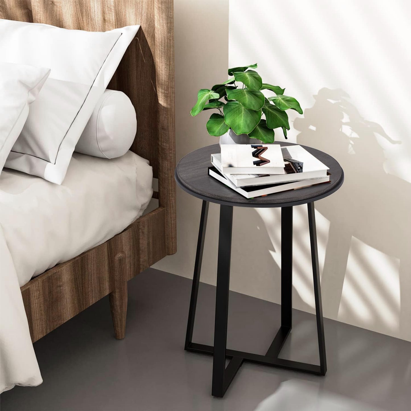 Round End Table, Small Side Table Grey Color MDF Top, Metal Frame Black, Tall End Side Table for Bed Room, Coffee Tea End Table for Living Room(Round Grey)