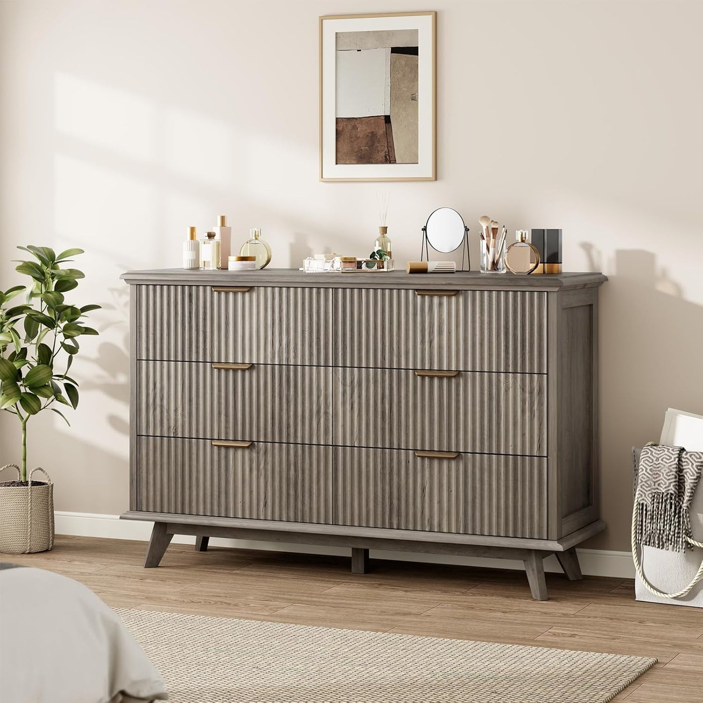 QUW Fluted Dresser for Bedroom with 6 Drawers, 47.2" Wide Modern Chest of Drawers with Metal Handle, Wooden Dresser TV Stand and Closet Clothes Storage Organizer for Living Room, Hallway, Grey