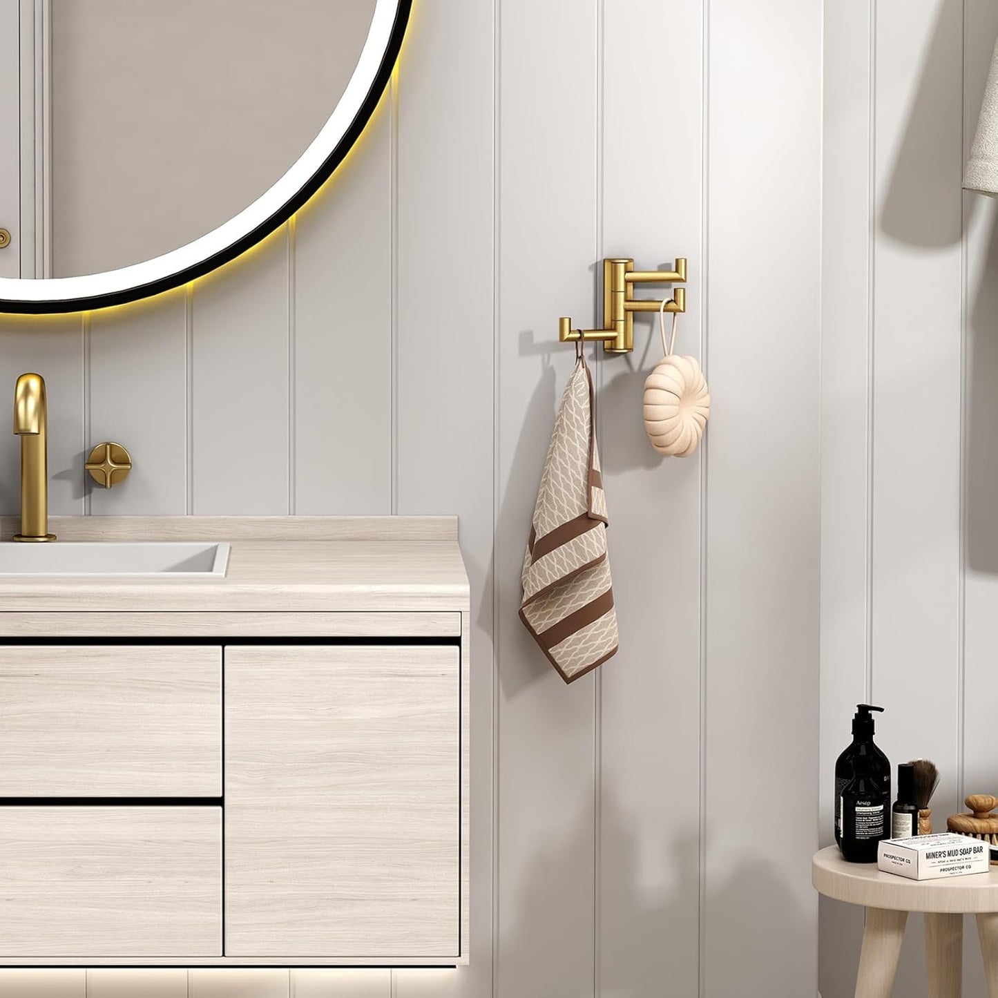 Angle Simple 3 Arms Towel Hook Brushed Gold, 304 Stainless Steel Swivel Triple Towel Holder, Folding Bathroom Hook, Wall Mount