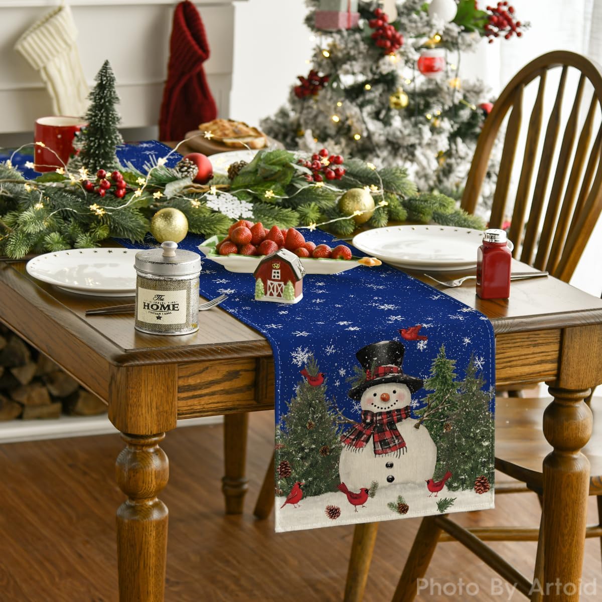 Artoid Mode Snowman Birds Trees Christmas Table Runner, Seasonal Blue Winter Holiday Kitchen Dining Table Decoration for Indoor Outdoor Home Party Decor 13 x 72 Inch