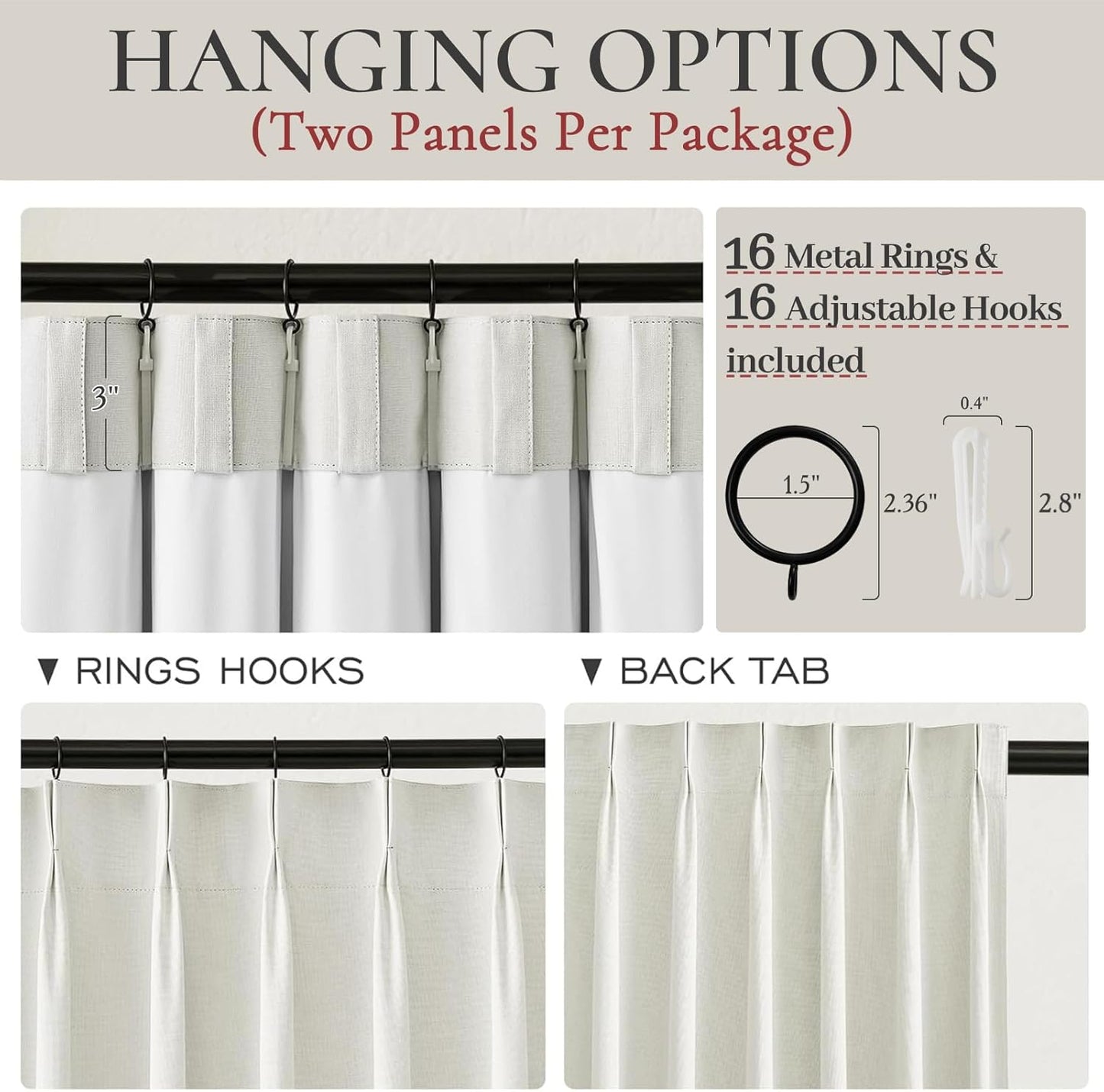 Luxury Pinch Pleated Linen 86 Inch Curtains for Living Room, Boho Blackout Viral Curtains Thermal Heat Blocking Heavy Drapes with Hooks Rings Back Tab for Bedroom Windows 2 Panels Set