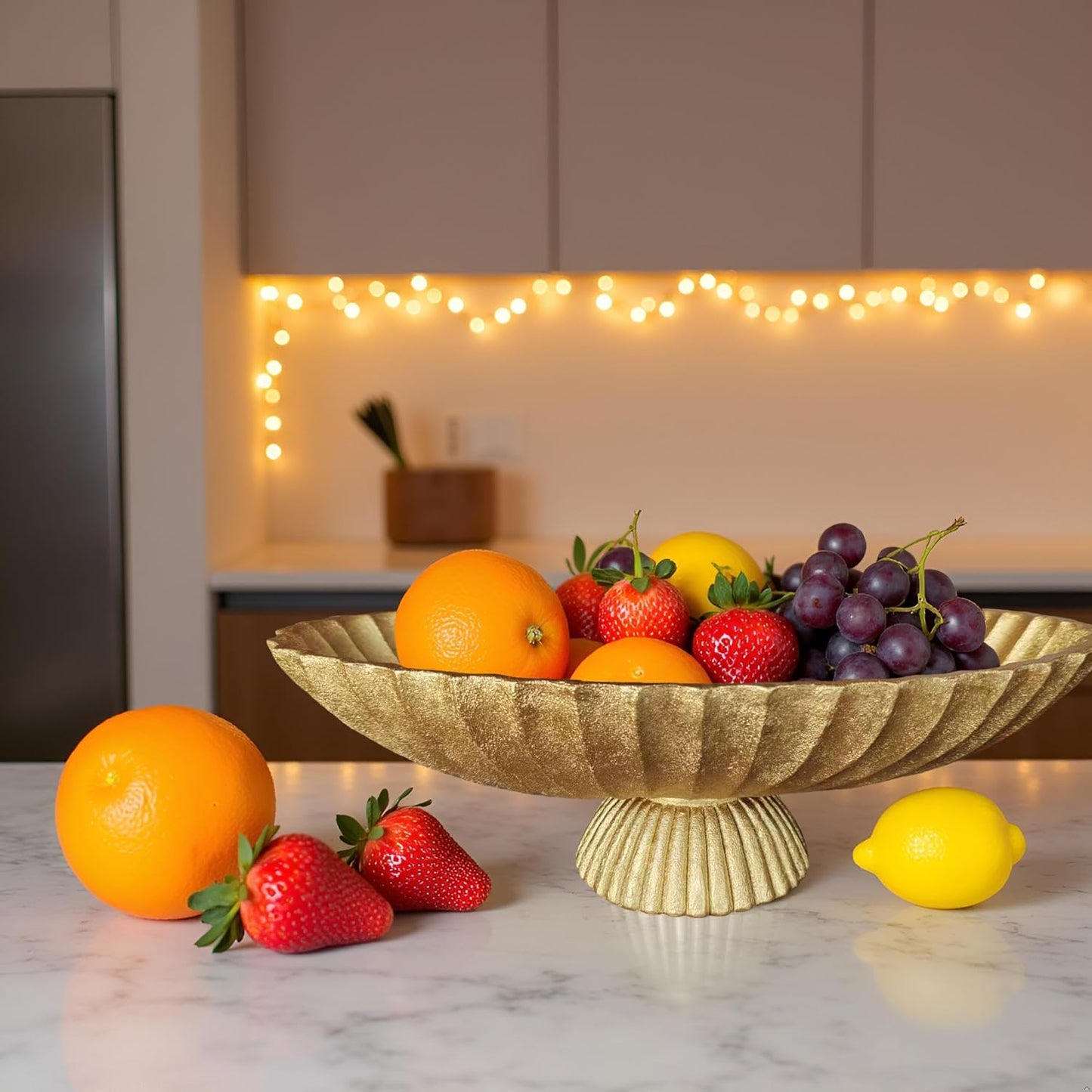 14.5" Large Decorative Long Bowl decor - Fluted Scalloped Decorative Bowls for Home Decor - Ruffle Decor,Stylish Key Bowl for Entry Table,Decorative Fruit Bowls for Kitchen Counter,Golden