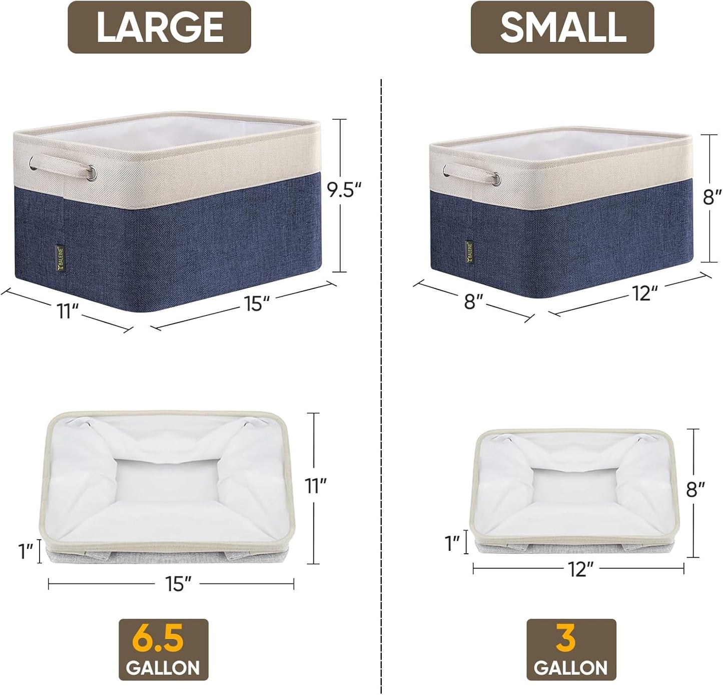 BALEINE 2 Pack Fabric Storage Bins for Shelves, Linen Storage Baskets for Organizing, Decorative Closet Bins for Clothes, Home (Navy Blue, 12"x8"x8")