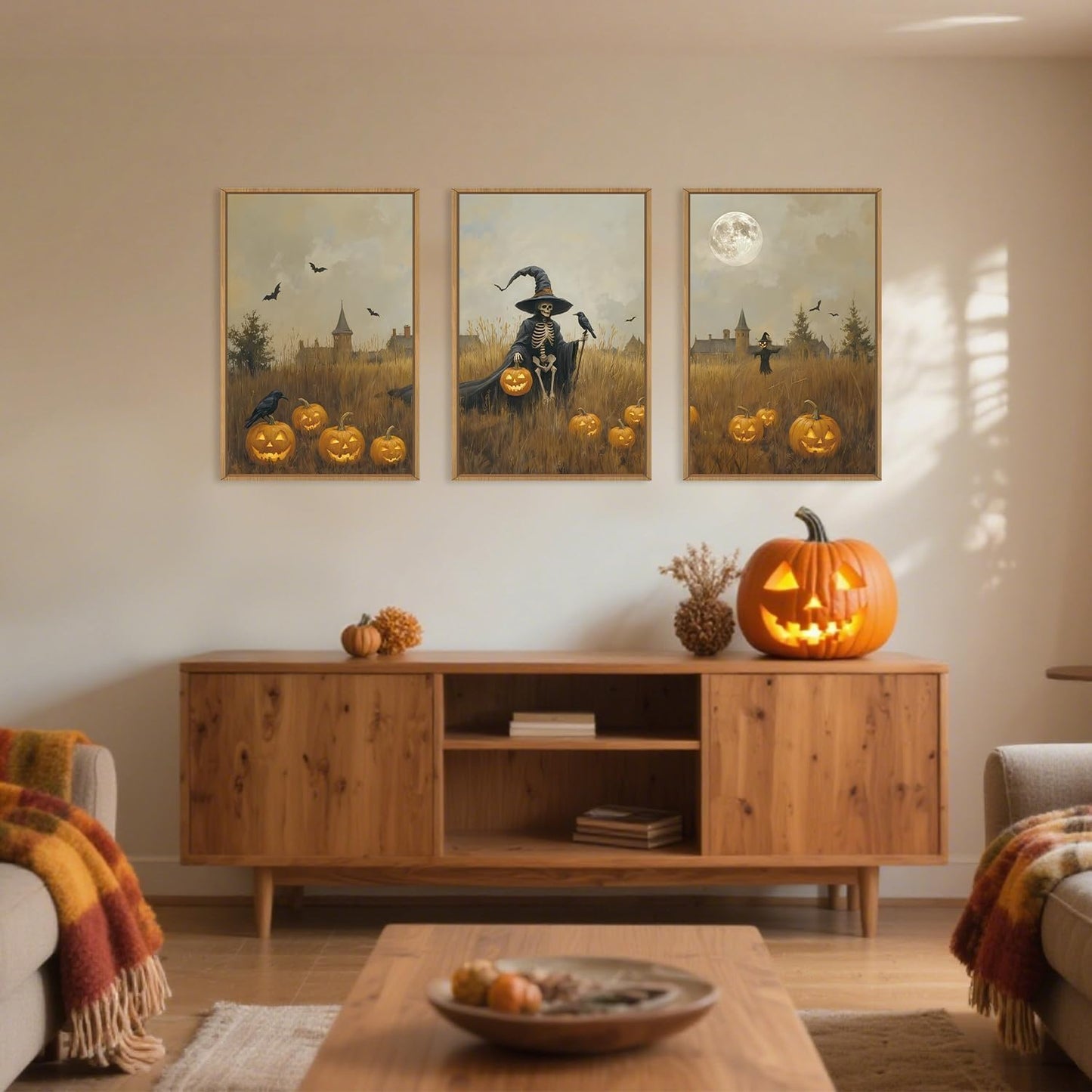 Celestdeco Halloween Ghost Reaper Framed Wall Art Set, Scary Witchy and Pumpkin Wall Decor, Horror Night Wall Painting, Full Moon Bats Art Prints for Living Room,Bedroom,Halloween Themed Party Decoration-24"×36"×3