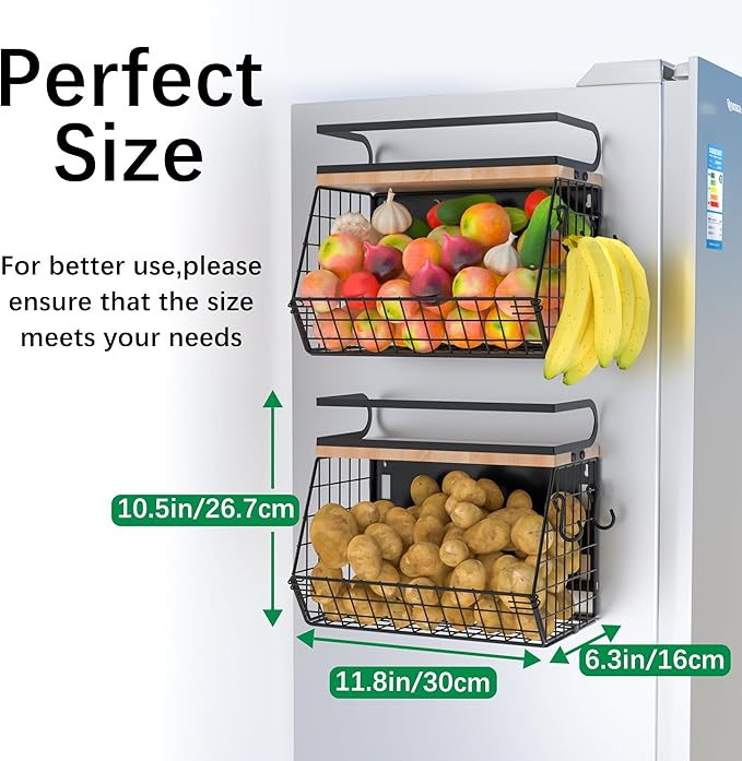 Magnetic Spice Rack for Refrigerator, Fruit, Potato & Onion Storage Bin,Large Capacity Magnetic Shelves for Side of Refrigerator, Kitchen Organizers and Storage Countertop,1 Pack Black