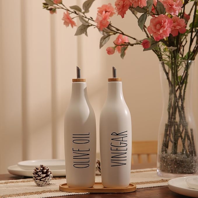 HOMCDALY Olive Oil and Vinegar Dispenser Set, 16oz Ceramic Oil Dispenser for Kitchen, Kitchen Dispenser Bottle for EVOO Vinegar Syrups, Modern Farmhouse Design | Set of 2 – P-White