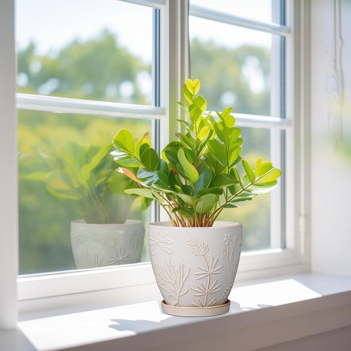 6.9 Inch Ceramic Plant Pot for Indoor Plants Outdoor Round Planter Flower Pot with Drainage Hole and Saucer for Home Garden Office Decor White