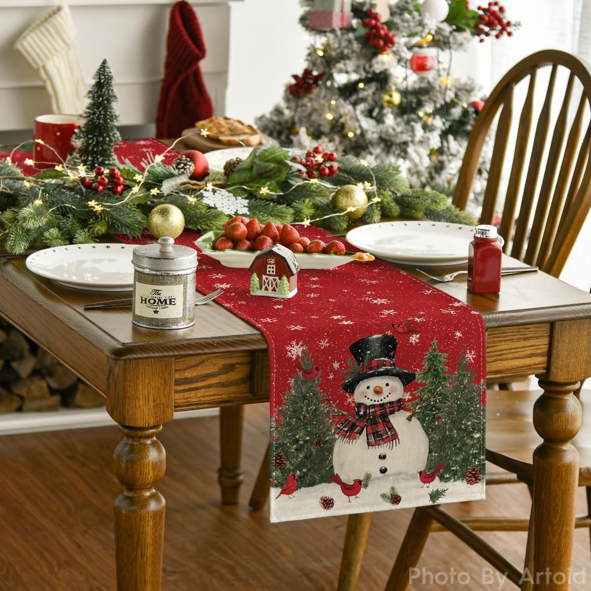Artoid Mode Snowman Christmas Birds Trees Table Runner, Seasonal Winter Xmas Holiday Kitchen Dining Table Decoration for Indoor Outdoor Home Party Decor 13 x 36 Inch