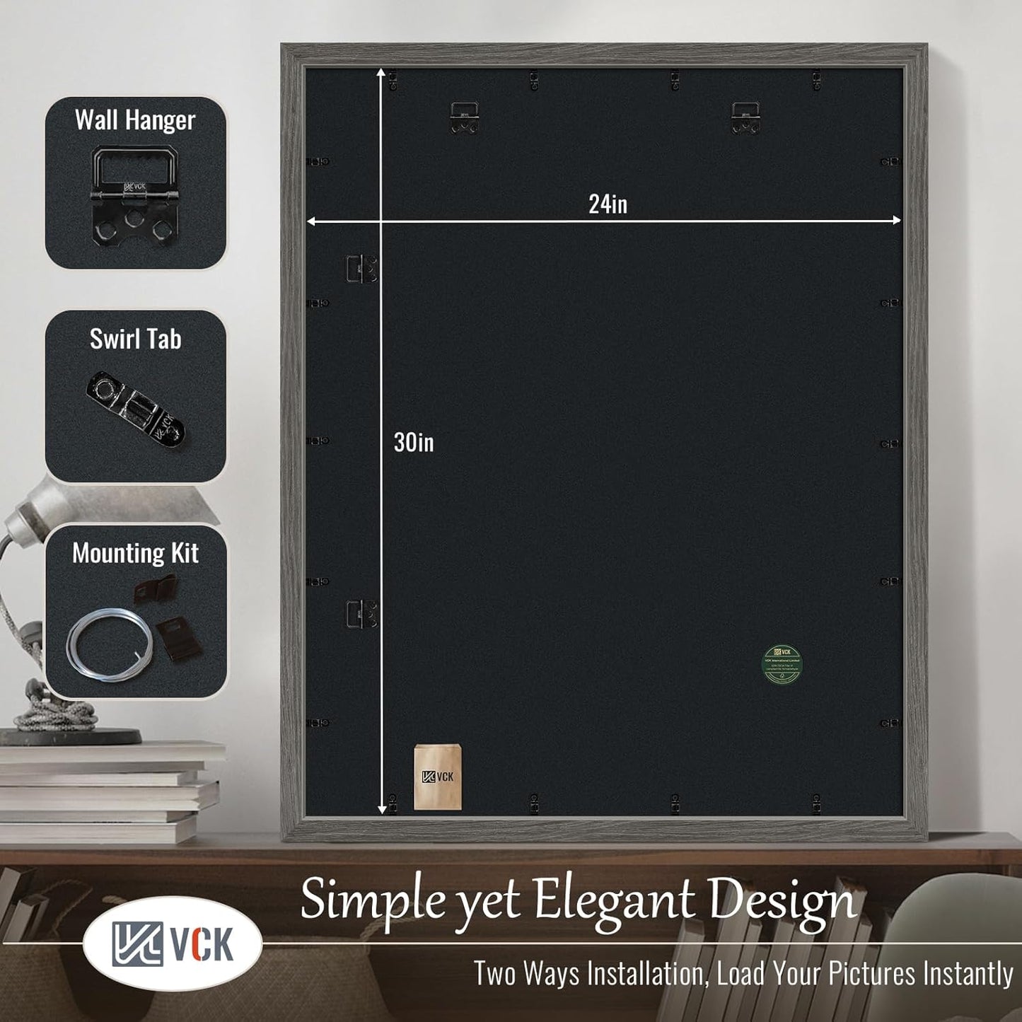 VCK 24x30 Frame Set of 3, Gray Solid Wood Poster Picture Frame, Exclusive Wood Grain, Wall Mounting Hanging