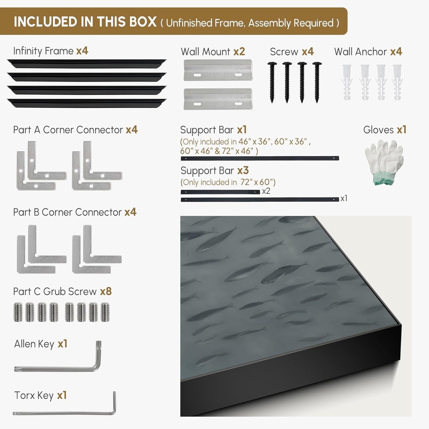 SIGNWIN 60"x72" Extra Large Framed Wall Art Gray School of Fish Minimalist Ocean-Inspired Marine Life Illustration for Home Living Room Bedroom Decor (Frame Assembly Required)