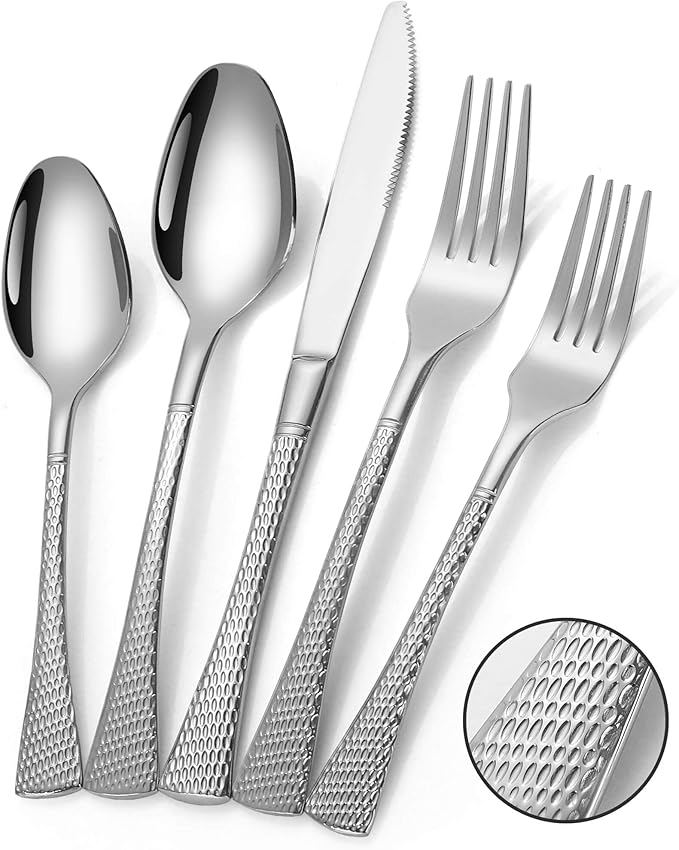 Hammered Silverware Set,20 Piece Modern Flatware Set Service for 4,Mirror Polished Stainless Steel Cutlery Set Utensil Set Tableware Set,Kitchen Knives Forks Spoons Set,Dishwasher Safe