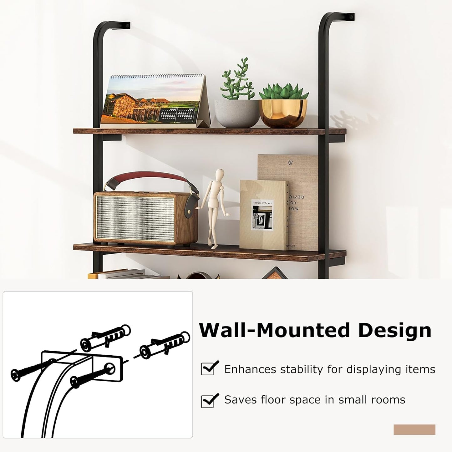 Giantex 4-Tier Industrial Bookshelf, Wall Mounted Pipe Shelving Unit, Floating Shelves with Metal Frame, Hanging Wall Display Shelf, Wood Ladder Bookshelf for Living Room, Kitchen, Rustic Brown