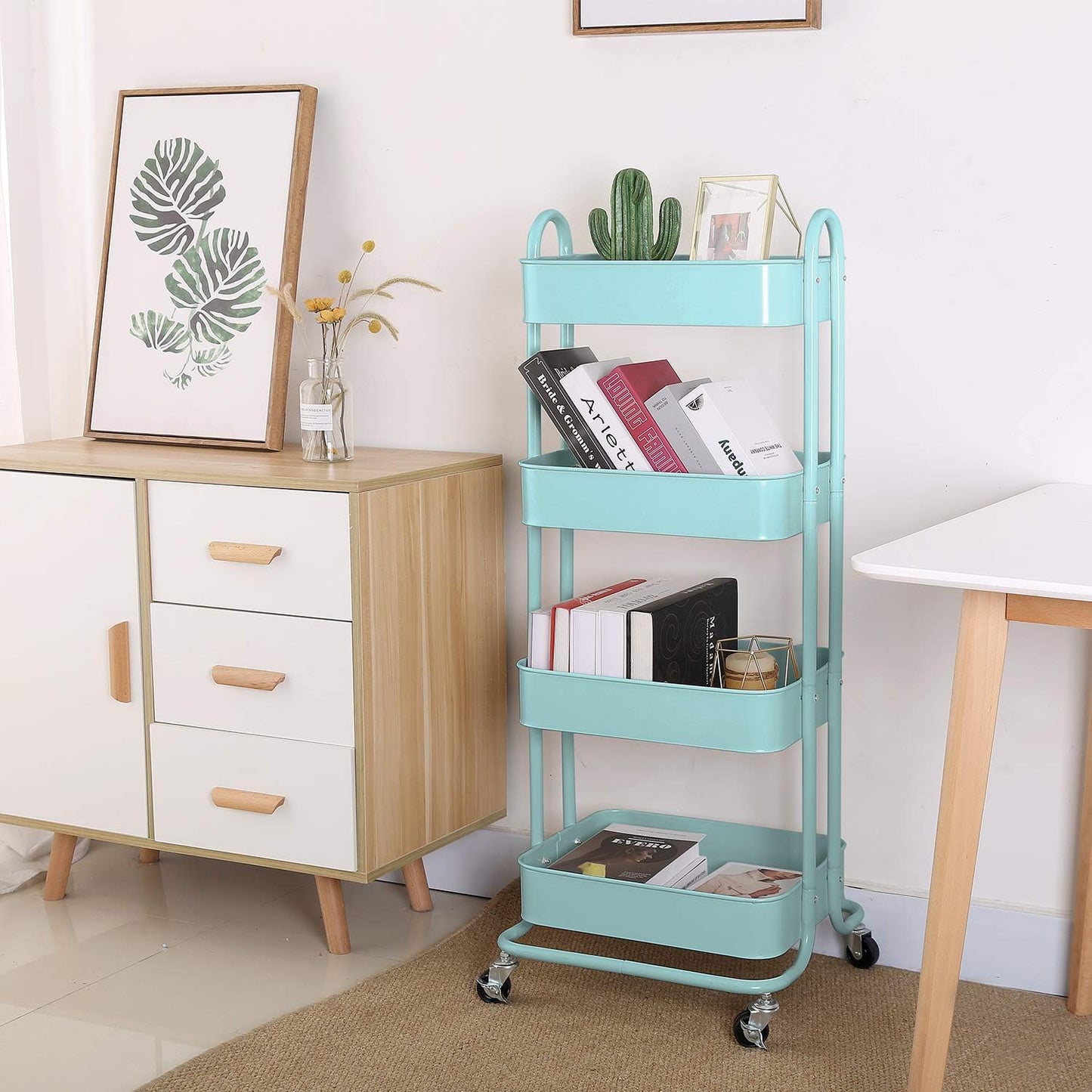 Melody House 4-Tier Metal Mesh Utility Rolling Cart Storage Organizer Shelf Rack with Lockable Wheels for Living Room Kitchen Office, Turquoise