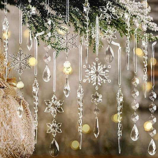 Christmas Tree Decoration Crystal Ornaments - 32pcs Acrylic Christmas Ornaments Snowflake Icicle Drop Crystal Hanging Ornaments for Xmas Tree Winter Holiday Frozen Party Decorations