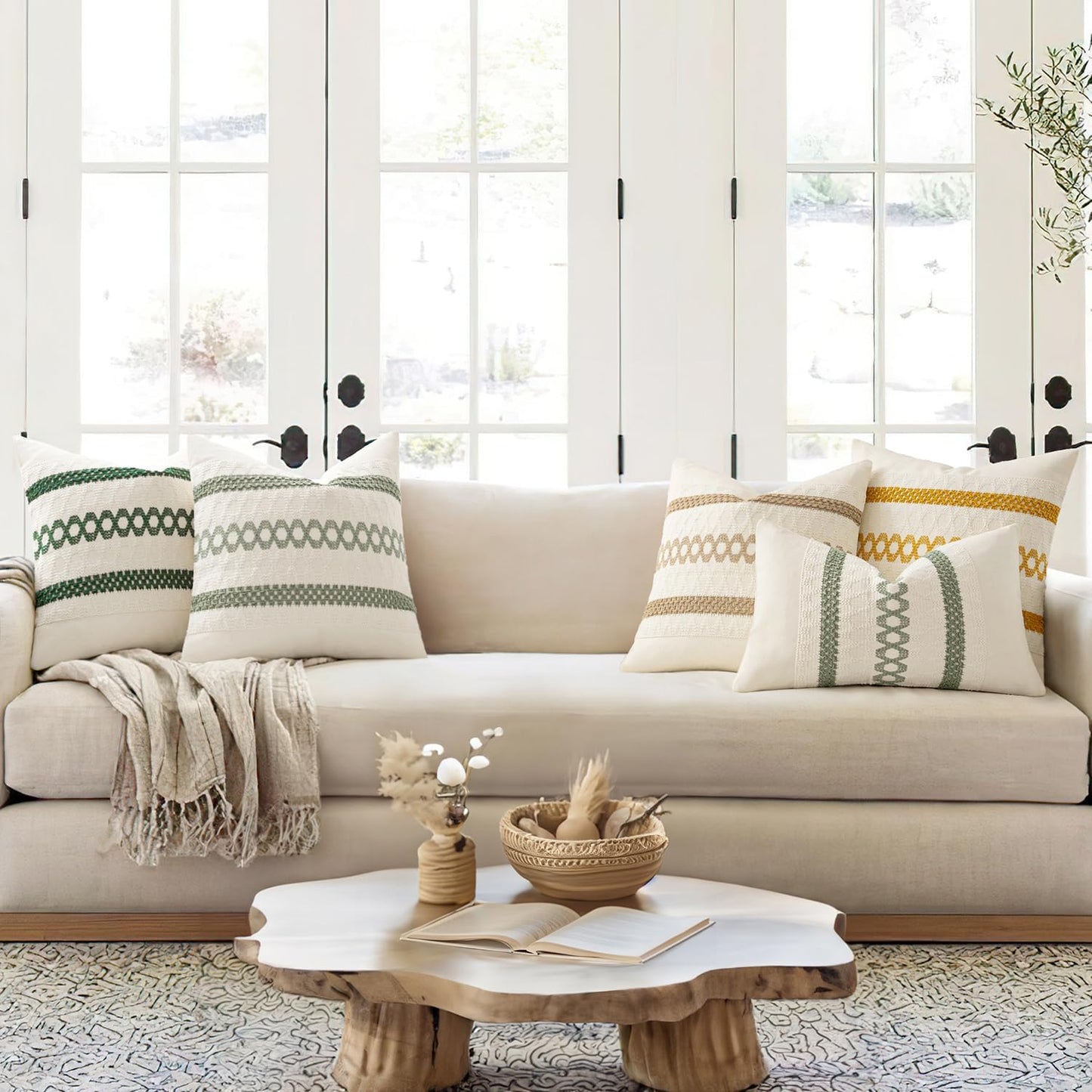 MIULEE Set of 2 Sage Green Boho Decorative Pillow Covers 24x24 Inch Farmhouse Rustic Couch Throw Pillows Modern Summer Cotton Cushion Covers Retro Cute Macrame Woven Home Decor for Bed Sofa Chair