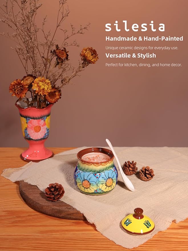 silesia Handmade Sugar Bowl with Lid and Spoon, 9 Ounce Ceramic Hand-Painted Sugar Jar for Home in Gift Box, Kitchen Decor, Oven, Dishwasher & Microwave Safe, Glazed Yellow