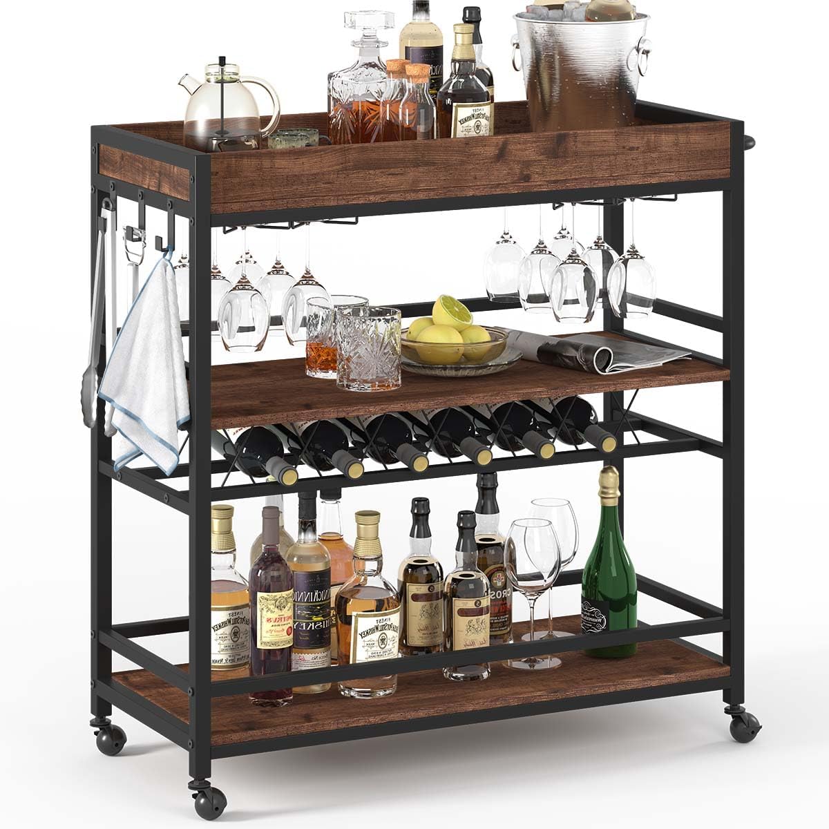 BON AUGURE Bar Cart for The Home, Rolling Home Bar Serving Cart on Wheels, 3 Tier Liquor Beverage Carts with Wine Rack and Glass Holder (Rustic Oak)