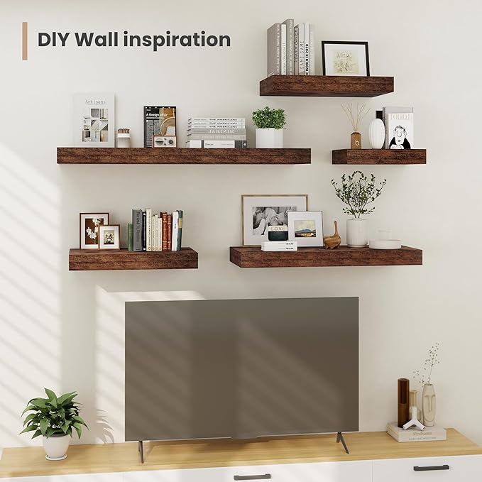 Heimlove 12 Inch Deep Floating Shelves, 12 x 12 inches Long Wall Shelf, Large Extra Display Shelf & Storage Shelf, Rustic Wood Wall Shelves for Fireplace Mantel, Brown - 2Pack