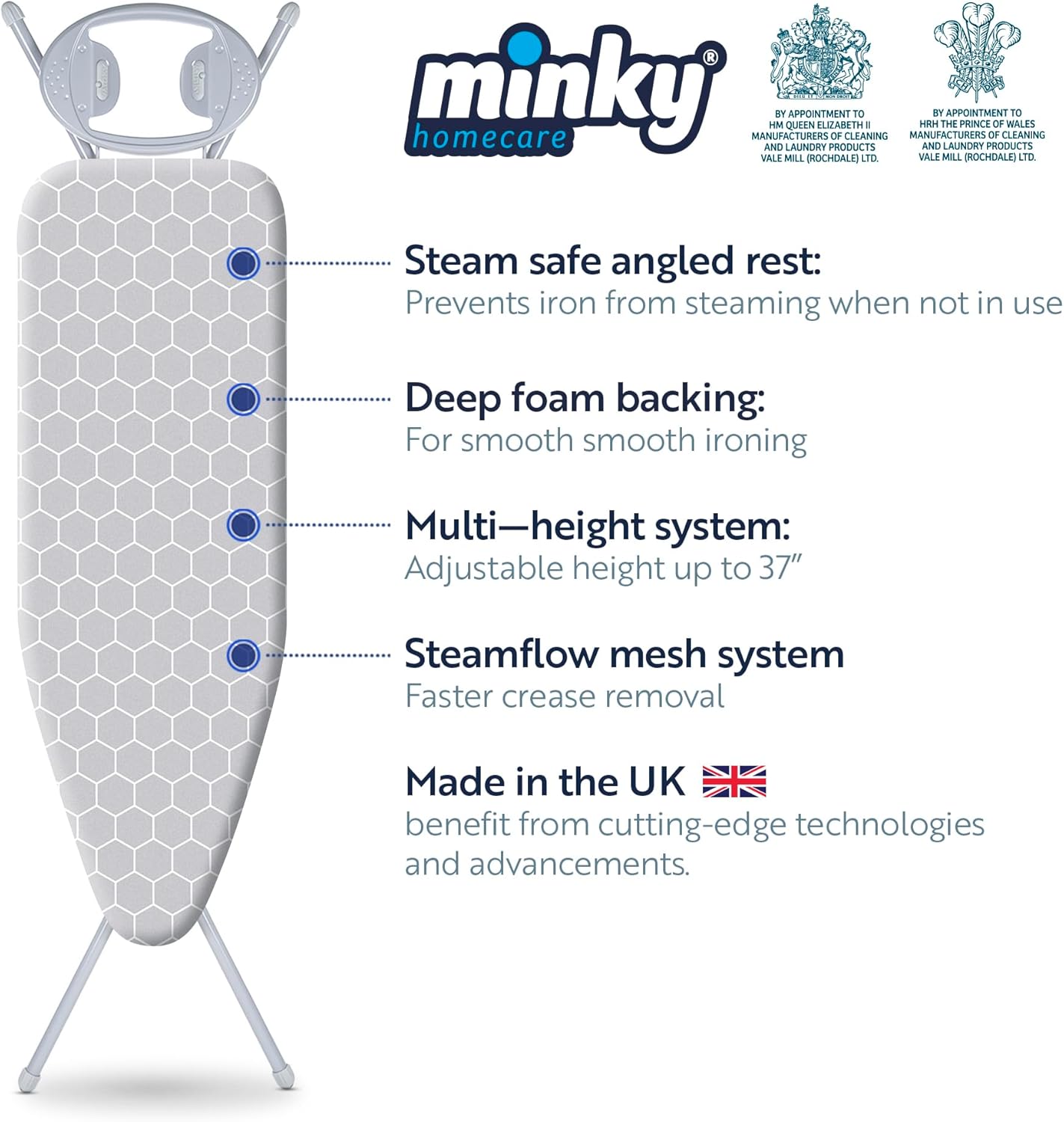 Minky Homecare Classic 4-Leg Ironing Board with Iron Rest - Freestanding Full Size Iron Board for Clothes Pressing with 43" x 14" Surface - Grey Honeycomb